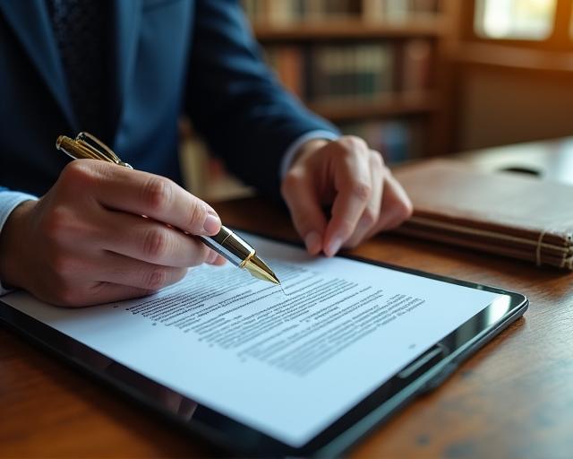 Close-up of a legal professional reviewing a digital contract on a tablet with golden architectural details in background